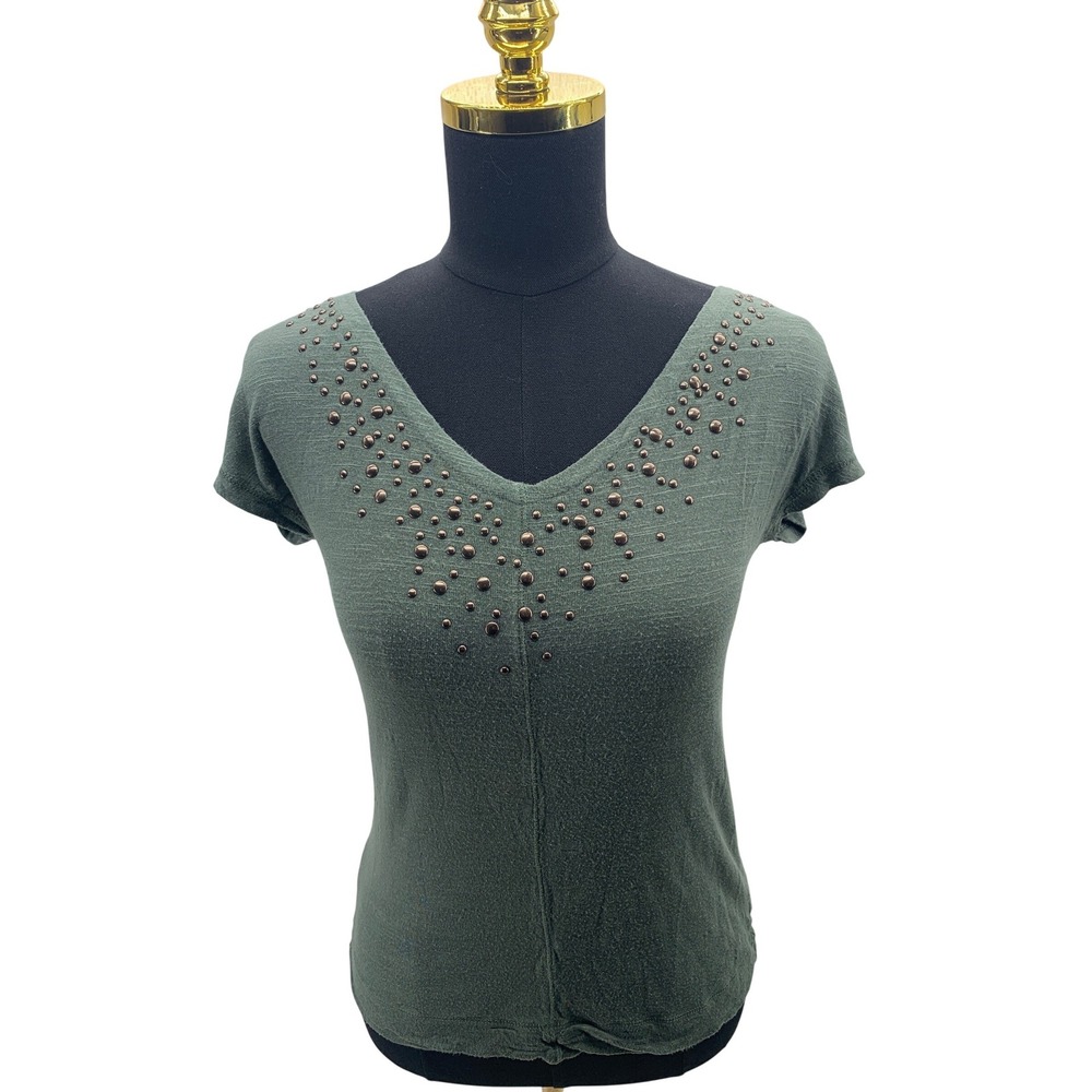 Calvin Klein Womens Olive Green Studded V-Neck Slub Knit Top XS Short Sleeve